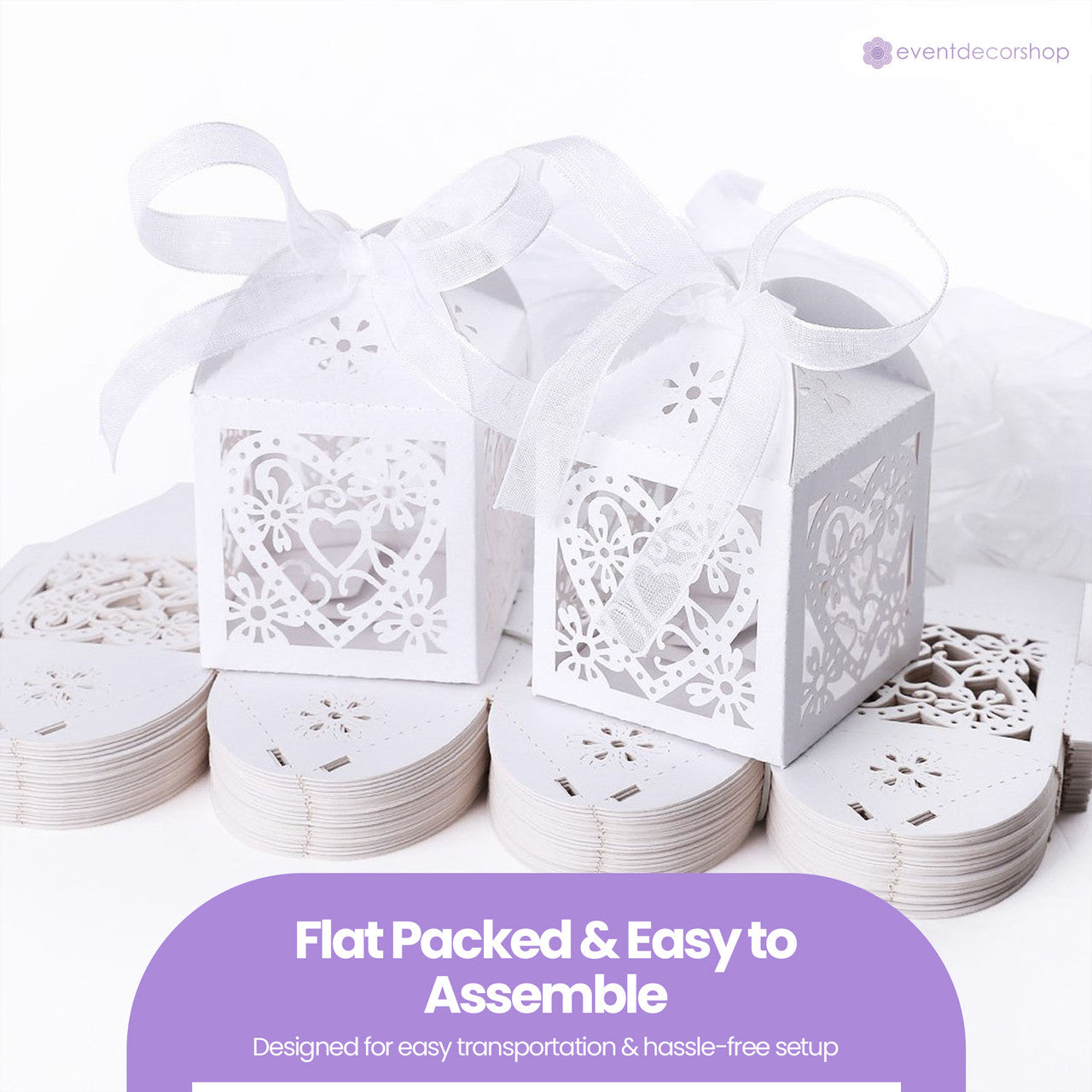 50x Laser Cut Love Heart & Doves Favours Box with Organza Ribbon - White