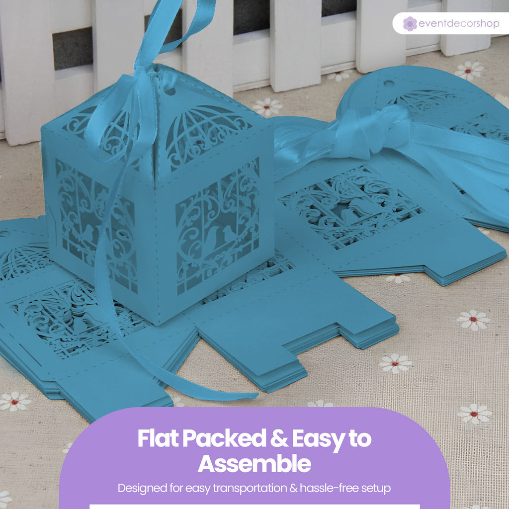 50x Laser Cut Love Heart & Doves Favours Box with Organza Ribbon - Sky Blue