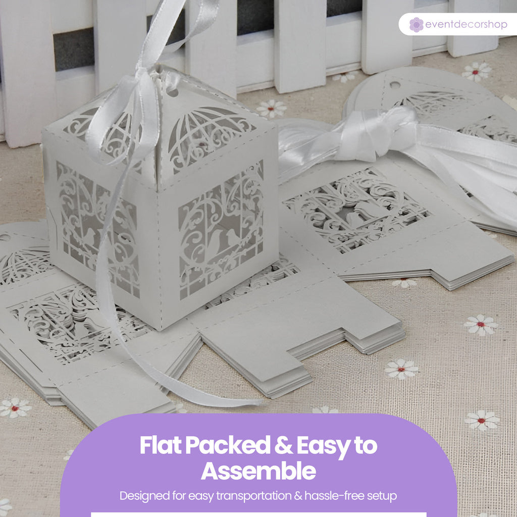 50x Laser Cut Love Heart & Doves Favours Box with Organza Ribbon - Silver
