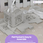 50x Laser Cut Love Heart & Doves Favours Box with Organza Ribbon - Silver