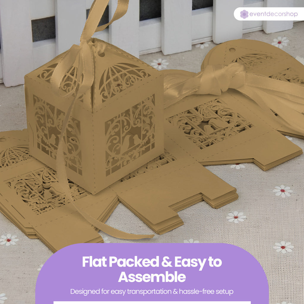 50x Laser Cut Love Heart & Doves Favours Box with Organza Ribbon - Gold