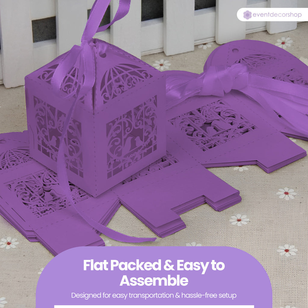 50x Laser Cut Love Heart & Doves Favours Box with Organza Ribbon - Dark Purple