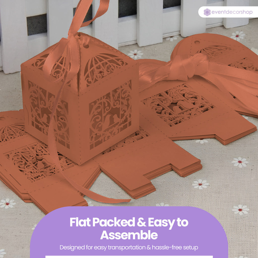 50x Laser Cut Love Heart & Doves Favours Box with Organza Ribbon - Orange