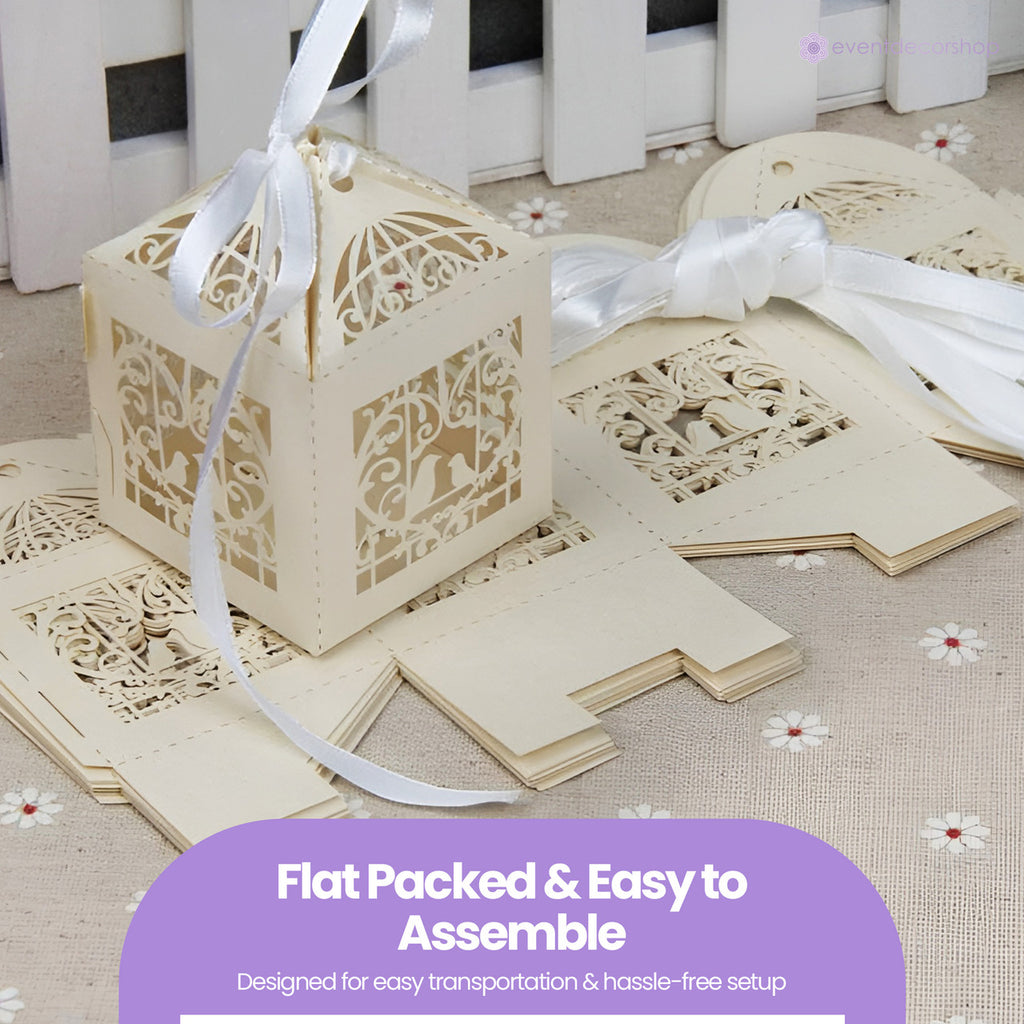 50x Laser Cut Love Heart & Doves Favours Box with Organza Ribbon - Beige