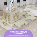 50x Laser Cut Love Heart & Doves Favours Box with Organza Ribbon - Beige