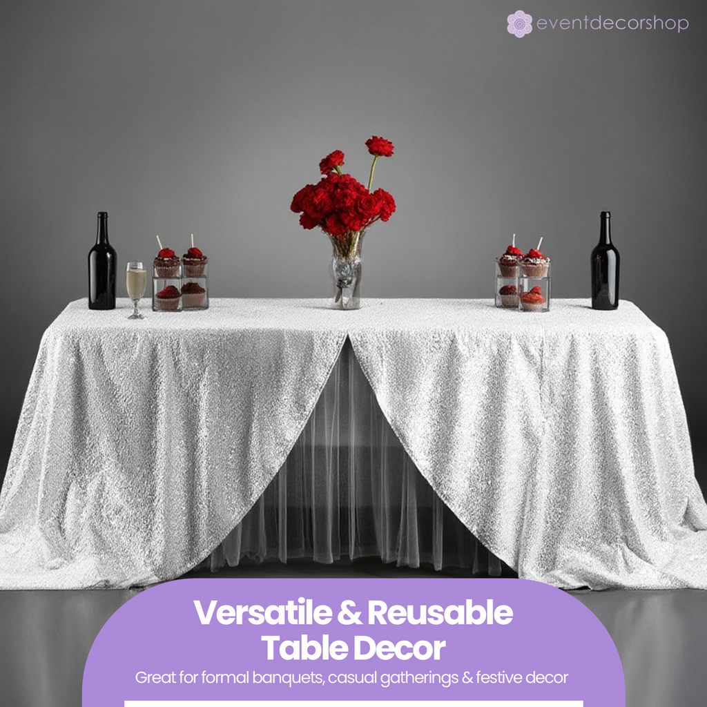 Sequin Rectangle Sparkly Tablecloth - White