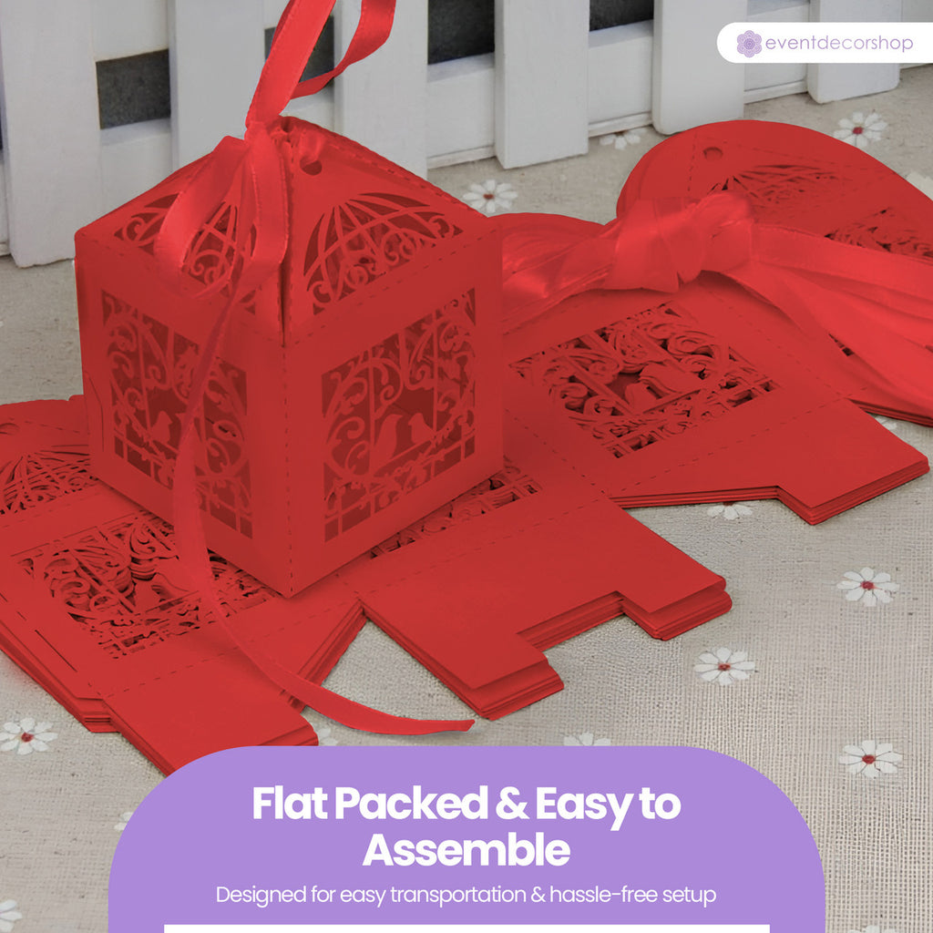 50x Laser Cut Love Heart & Doves Favours Box with Organza Ribbon - Red