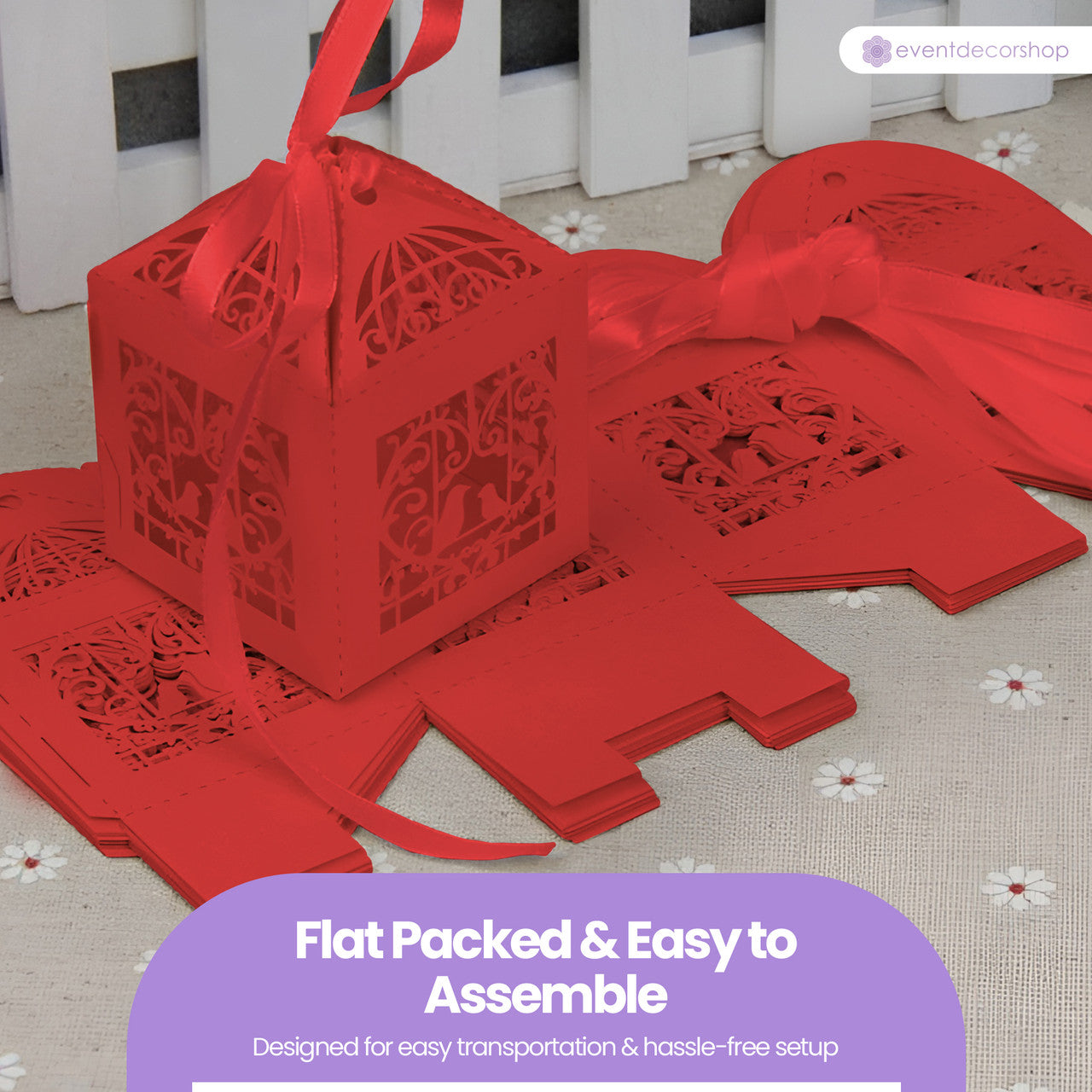 50x Laser Cut Love Heart & Doves Favours Box with Organza Ribbon - Red