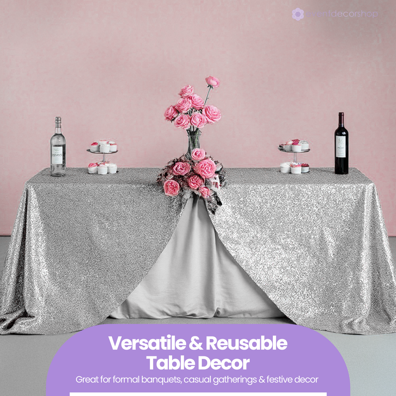 Sequin Rectangle Sparkly Tablecloth - Silver