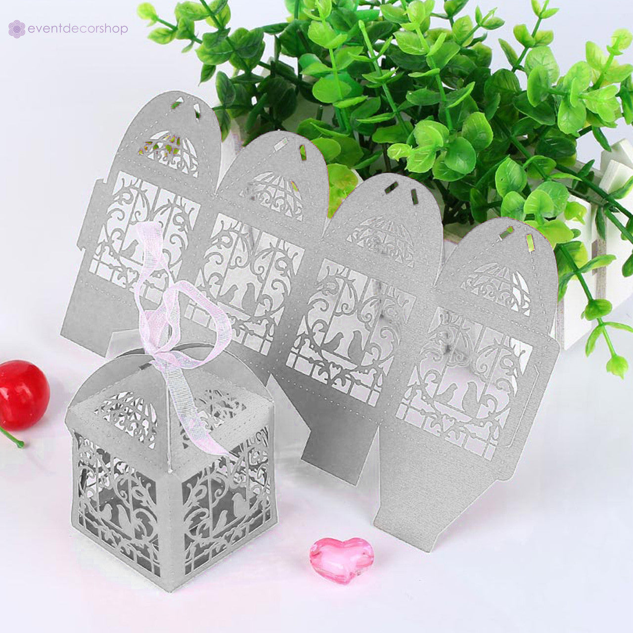 50x Laser Cut Love Heart & Doves Favours Box with Organza Ribbon - Silver