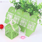 50x Laser Cut Love Heart & Doves Favours Box with Organza Ribbon - Green