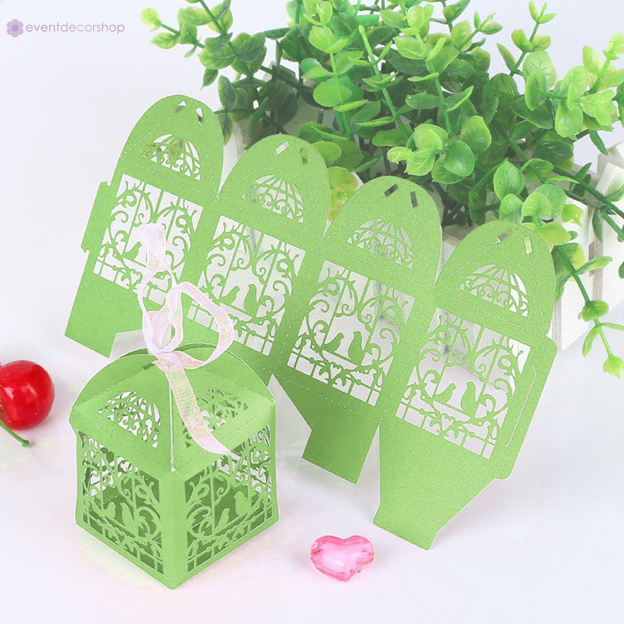 50x Laser Cut Love Heart & Doves Favours Box with Organza Ribbon - Green