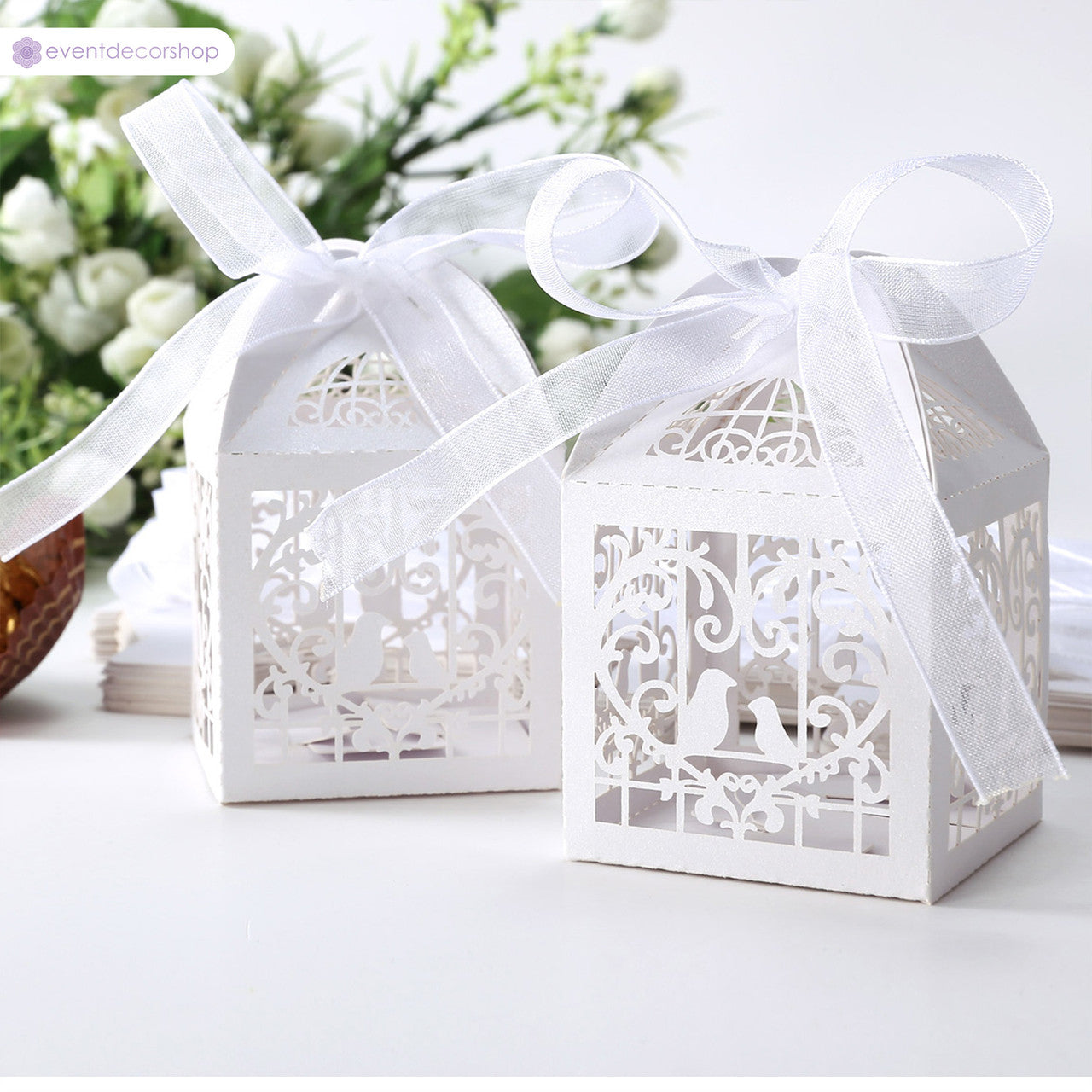 50x Laser Cut Love Heart & Doves Favours Box with Organza Ribbon - White