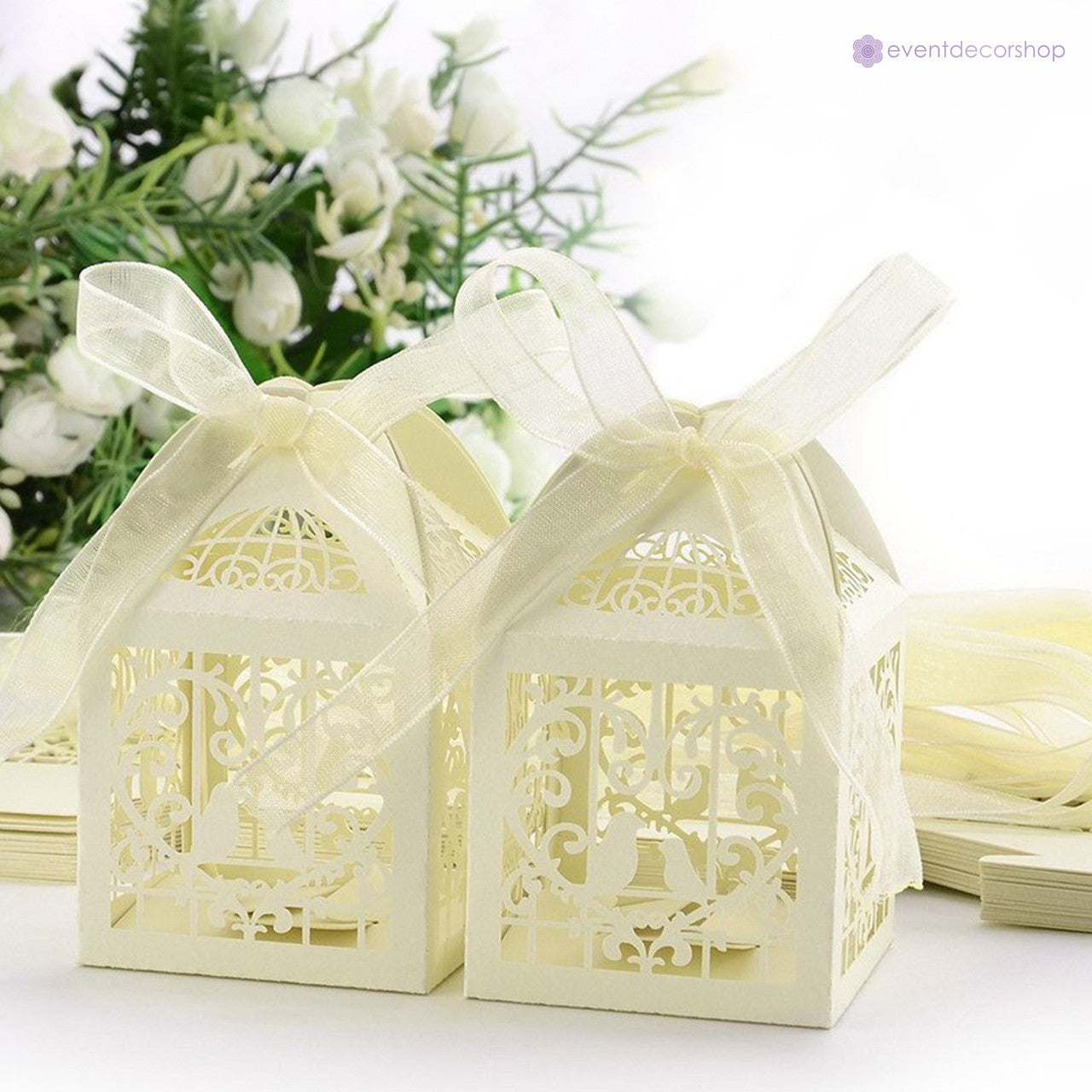 50x Laser Cut Love Heart & Doves Favours Box with Organza Ribbon - Beige