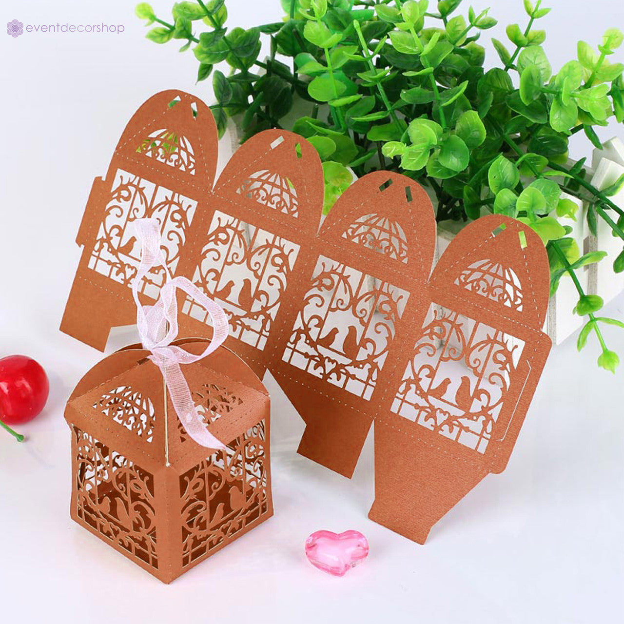 50x Laser Cut Love Heart & Doves Favours Box with Organza Ribbon - Orange
