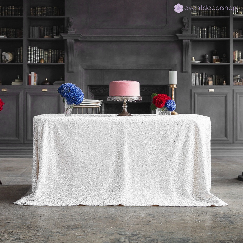 Sequin Rectangle Sparkly Tablecloth - White