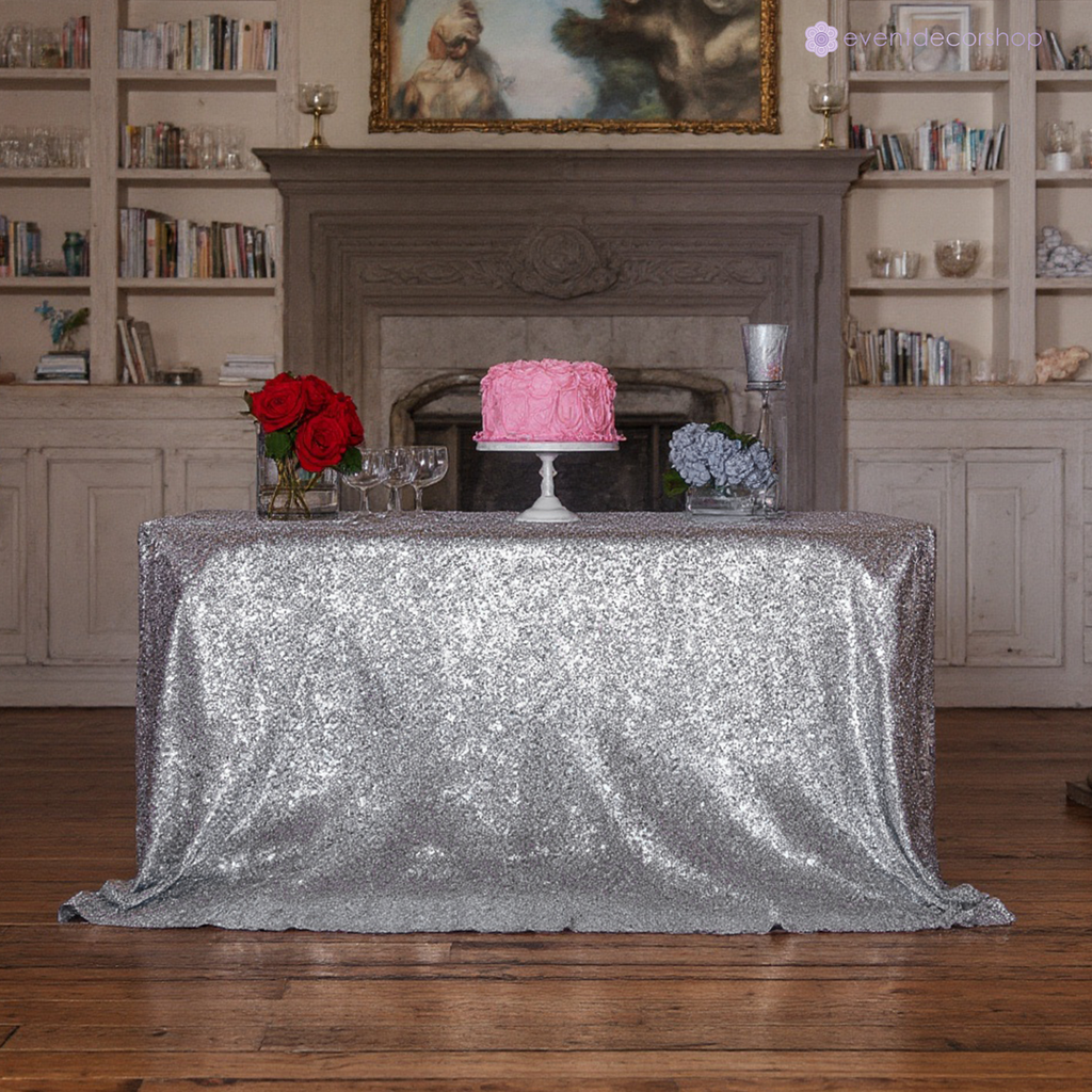 Sequin Rectangle Sparkly Tablecloth - Silver