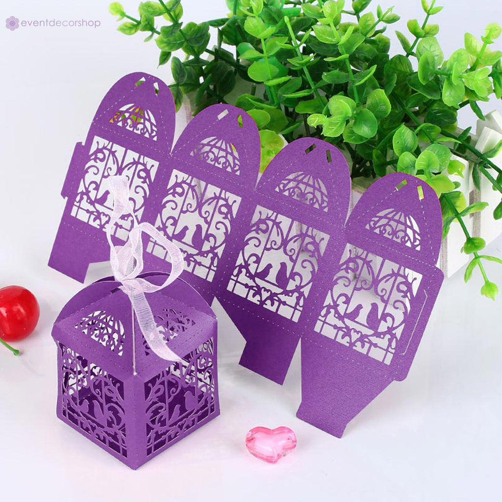 50x Laser Cut Love Heart & Doves Favours Box with Organza Ribbon - Dark Purple