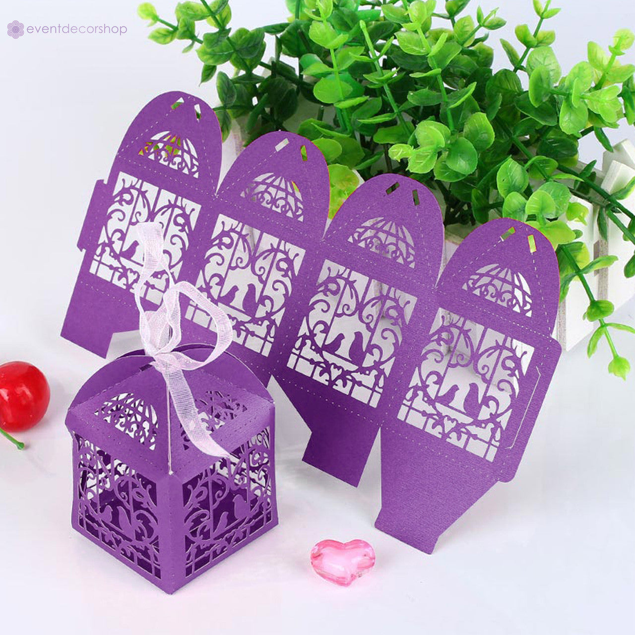 50x Laser Cut Love Heart & Doves Favours Box with Organza Ribbon - Dark Purple
