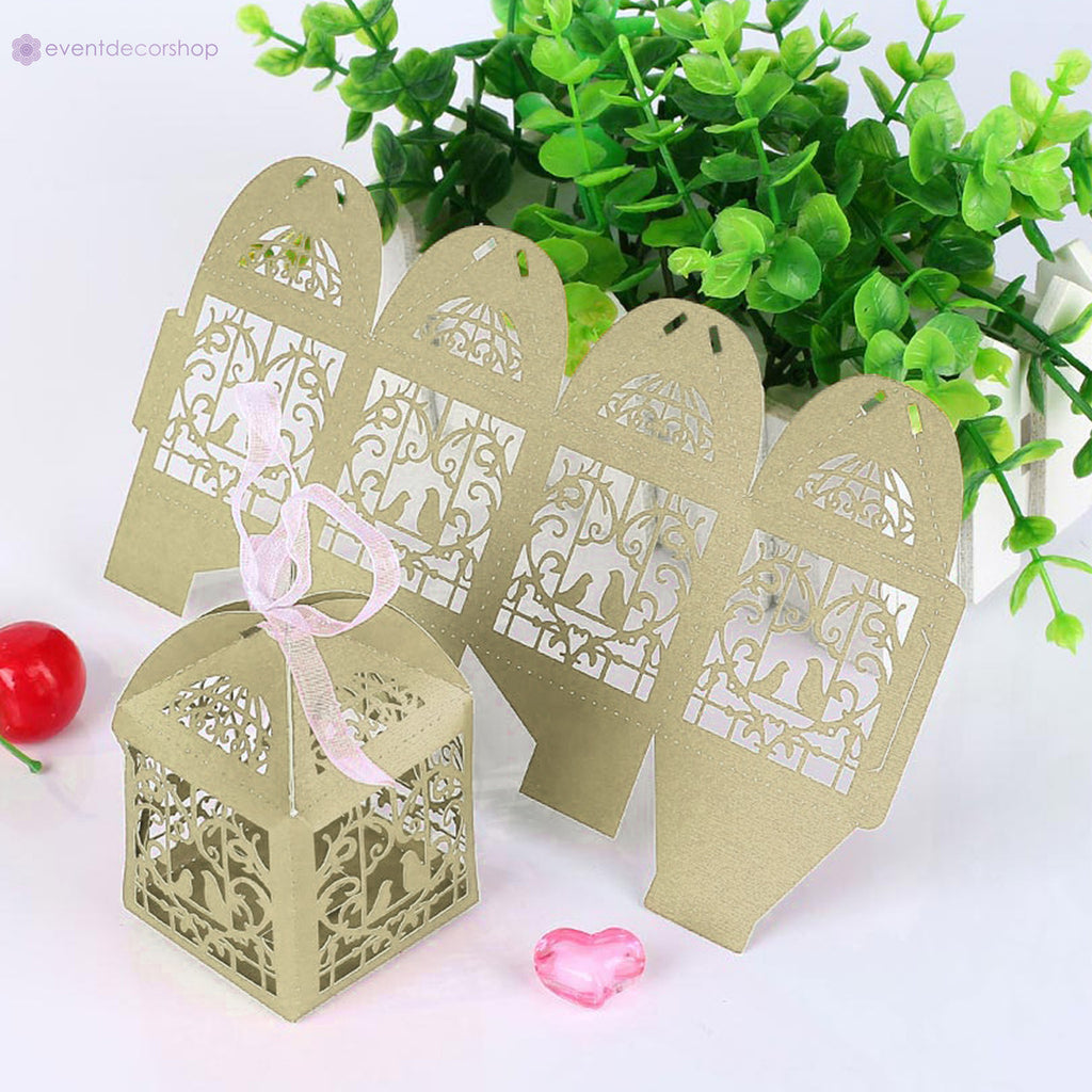 50x Laser Cut Love Heart & Doves Favours Box with Organza Ribbon - Honeydew