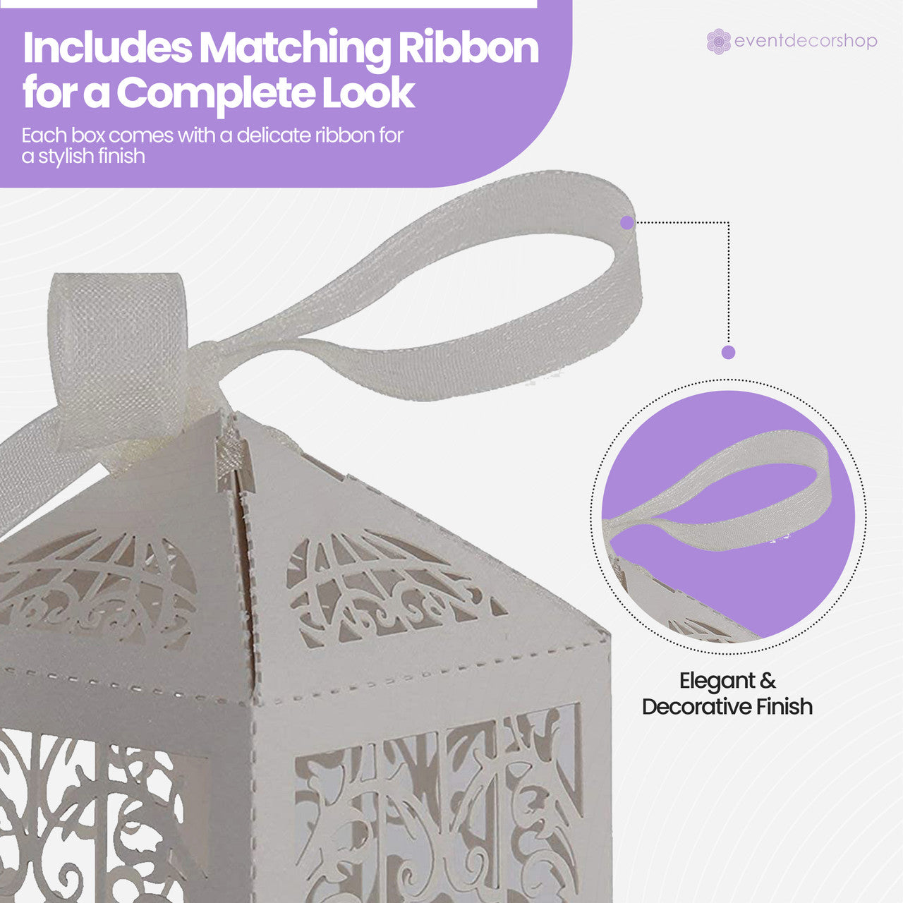 50x Laser Cut Love Heart & Doves Favours Box with Organza Ribbon - Silver
