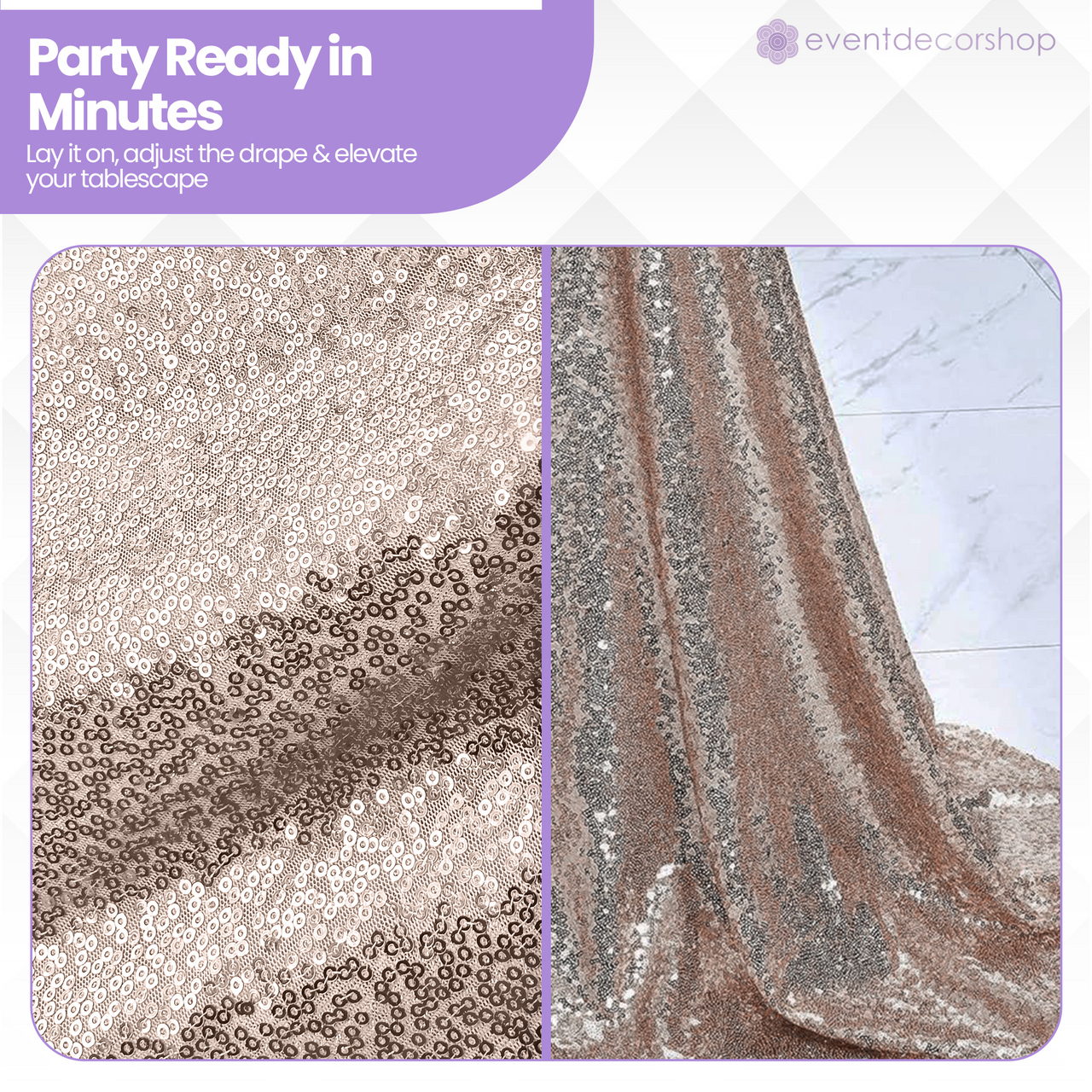 Sequin Rectangle Sparkly Tablecloth - Rose Gold