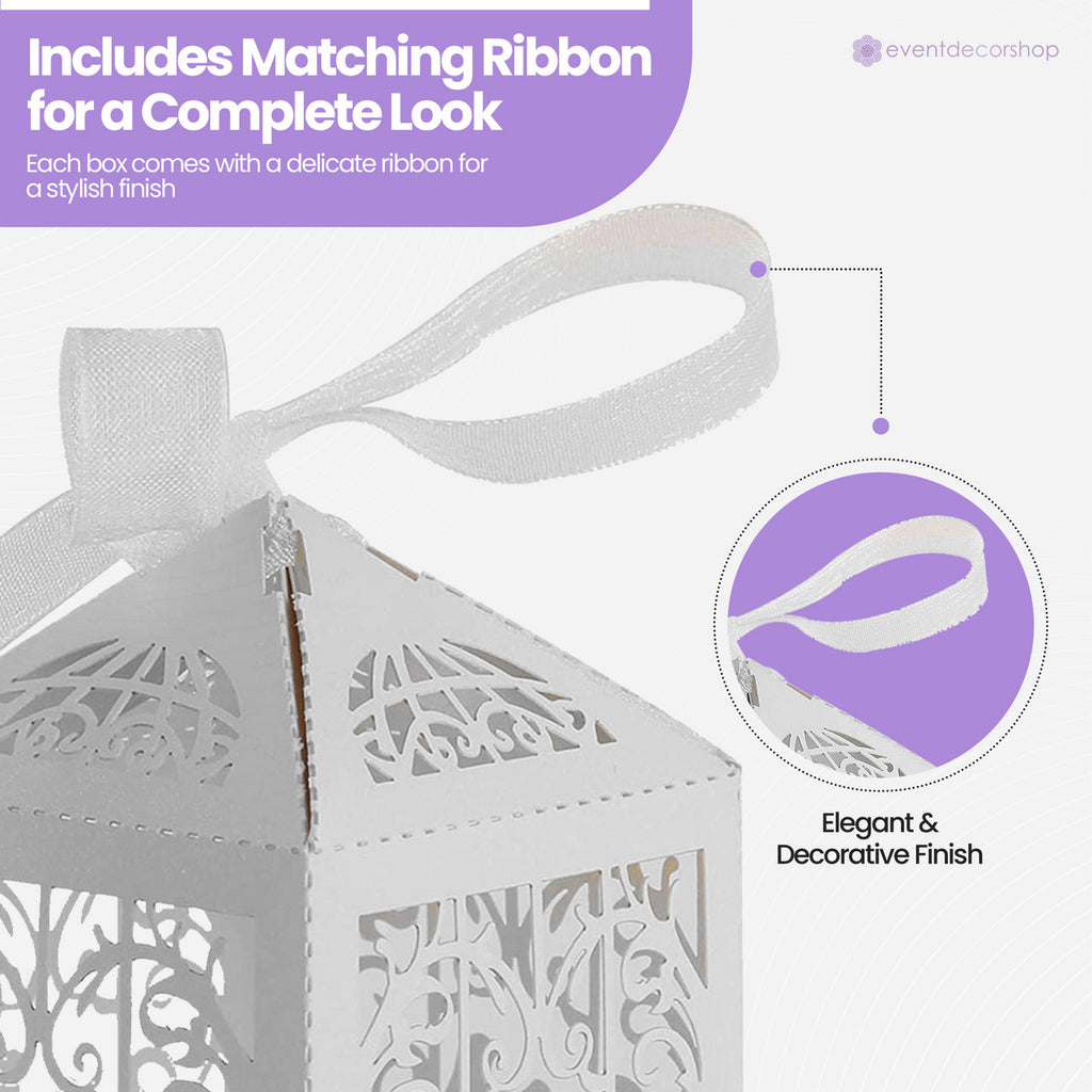 50x Laser Cut Love Heart & Doves Favours Box with Organza Ribbon - White