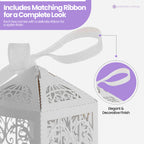 50x Laser Cut Love Heart & Doves Favours Box with Organza Ribbon - White