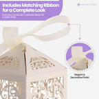 50x Laser Cut Love Heart & Doves Favours Box with Organza Ribbon - Beige