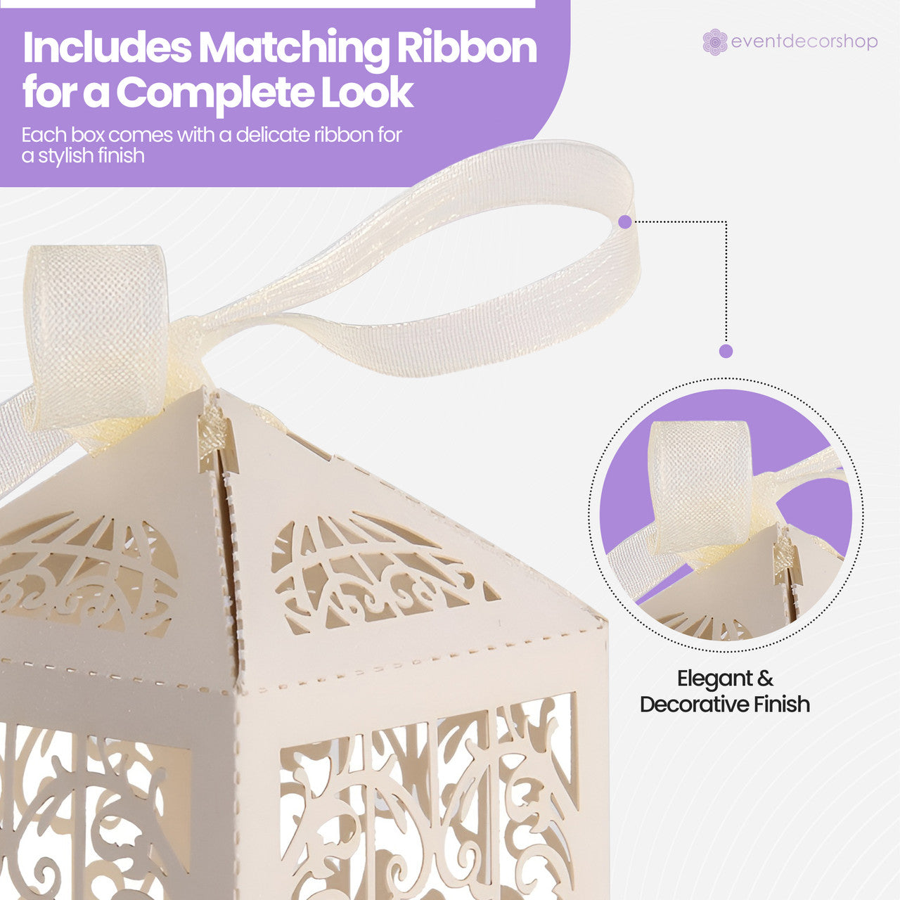 50x Laser Cut Love Heart & Doves Favours Box with Organza Ribbon - Beige