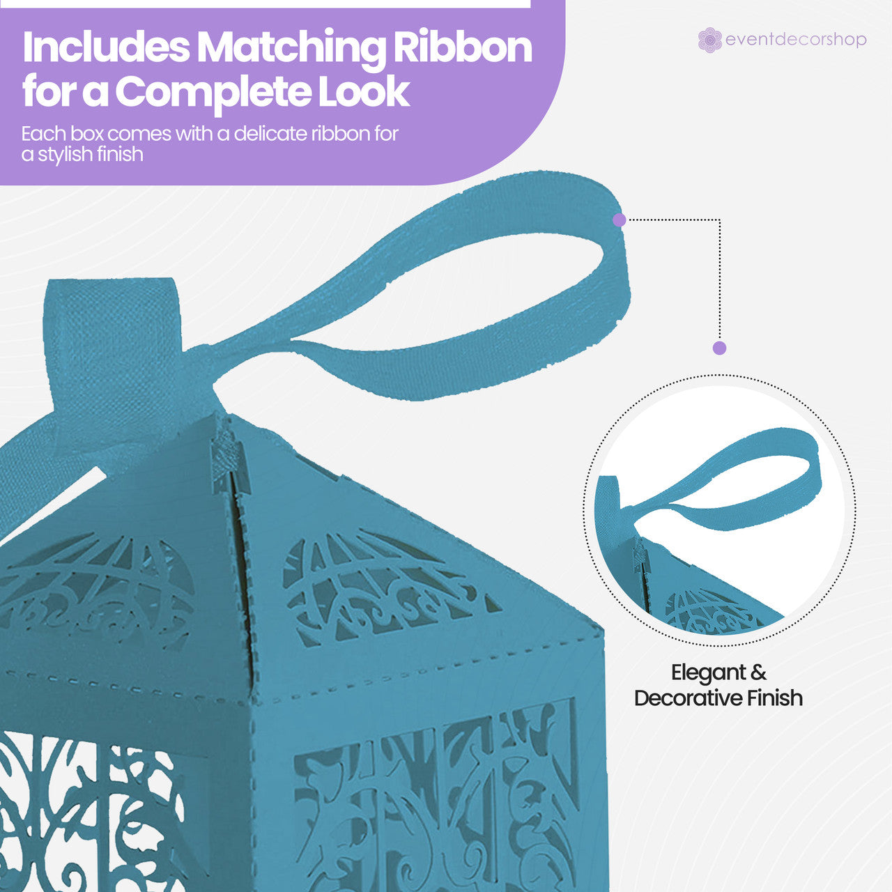50x Laser Cut Love Heart & Doves Favours Box with Organza Ribbon - Sky Blue