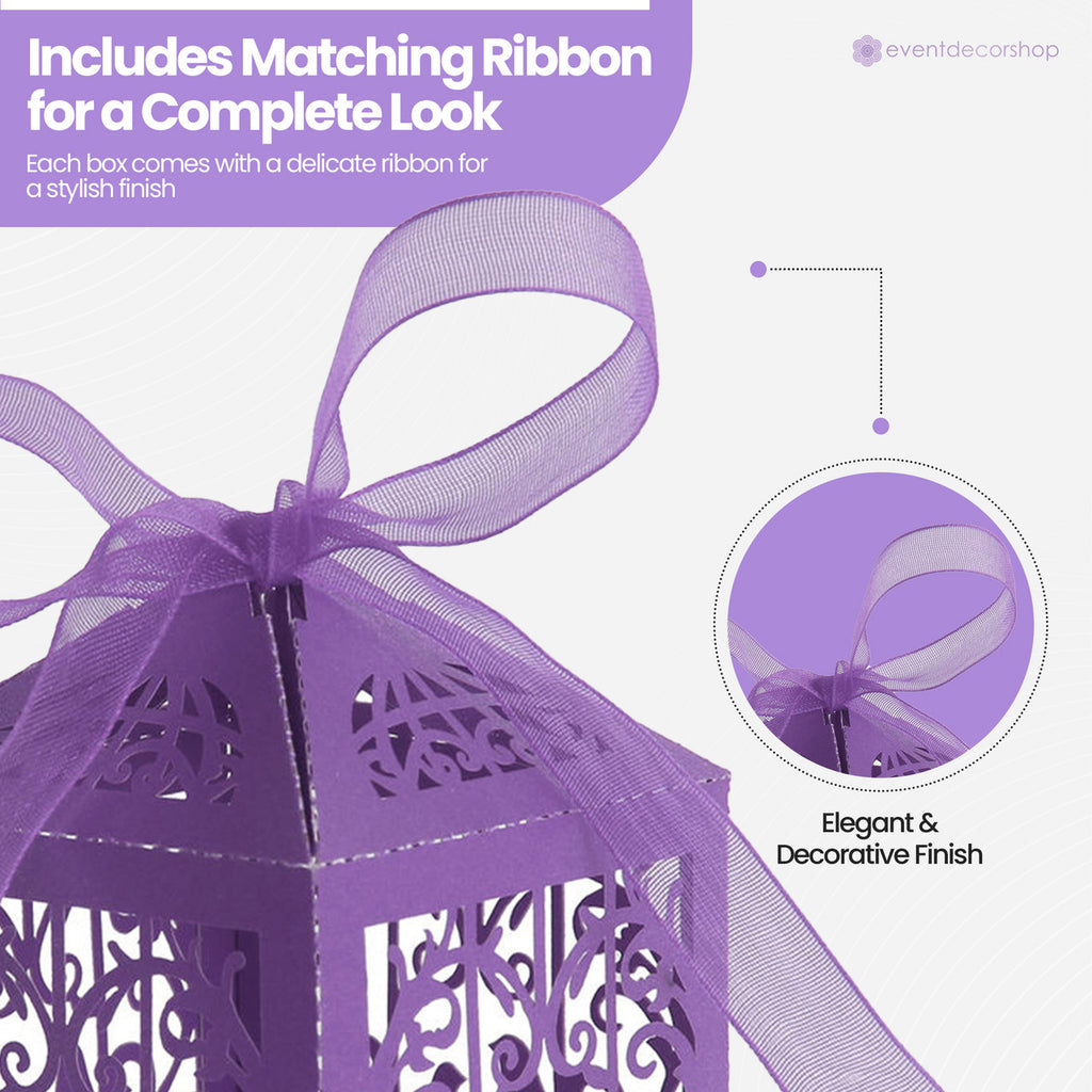 50x Laser Cut Love Heart & Doves Favours Box with Organza Ribbon - Dark Purple