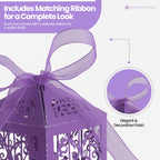 50x Laser Cut Love Heart & Doves Favours Box with Organza Ribbon - Dark Purple