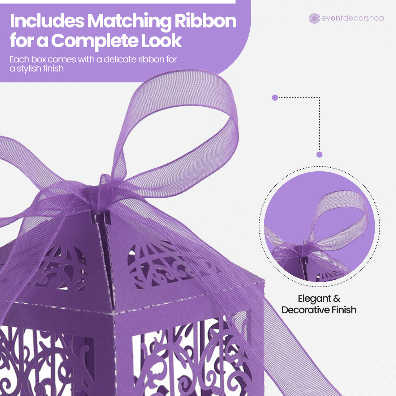 50x Laser Cut Love Heart & Doves Favours Box with Organza Ribbon - Dark Purple