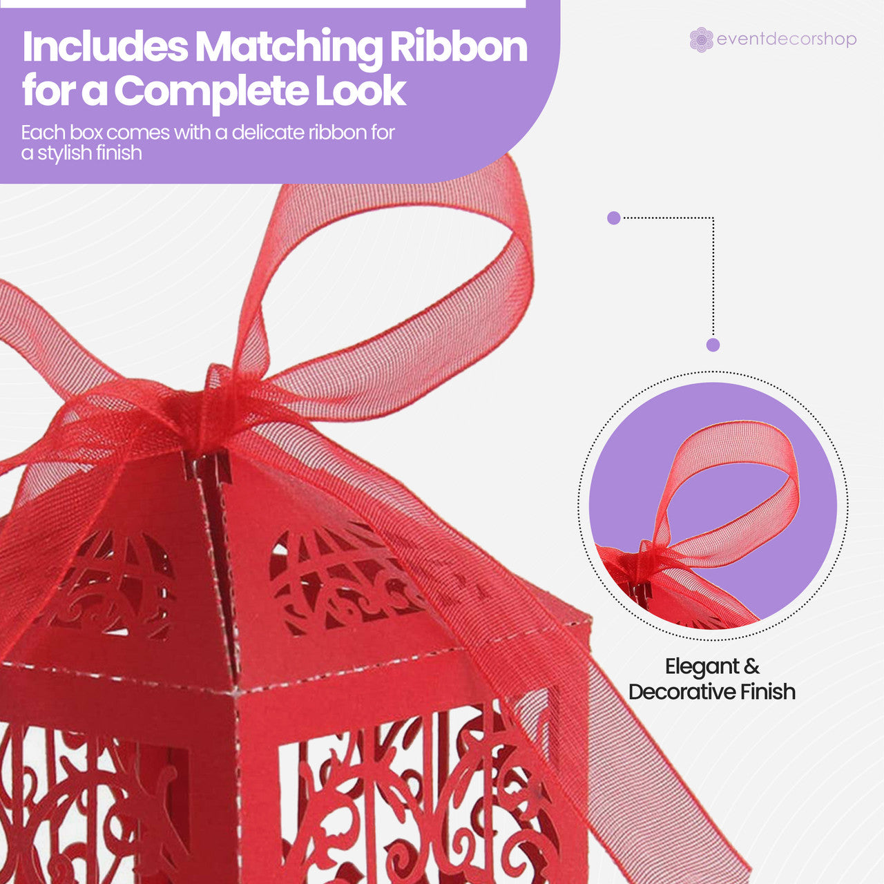 50x Laser Cut Love Heart & Doves Favours Box with Organza Ribbon - Red