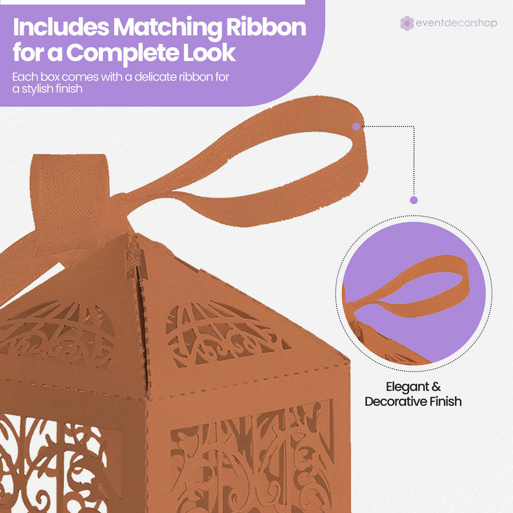 50x Laser Cut Love Heart & Doves Favours Box with Organza Ribbon - Orange