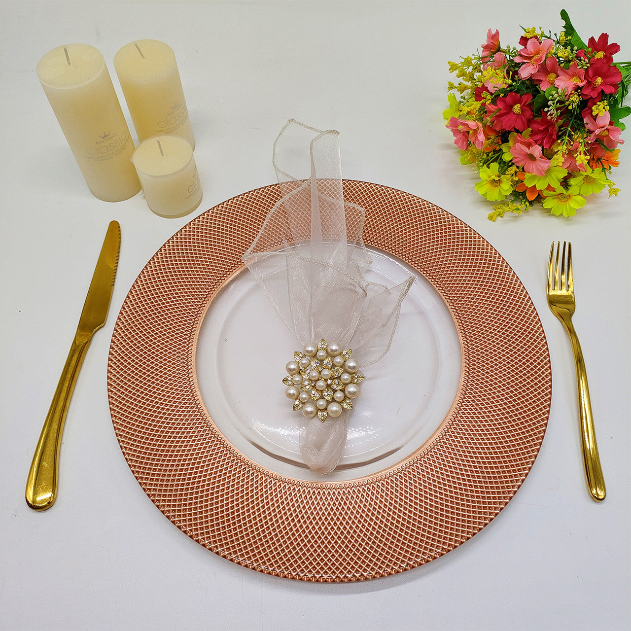 Round Charger Plate - Checkered Rose Gold x 6