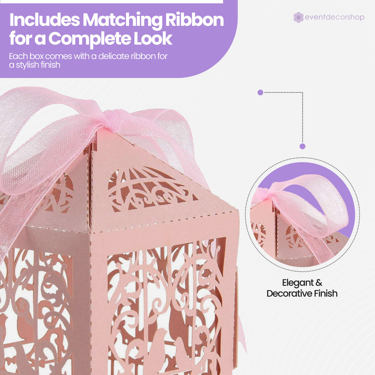50x Laser Cut Love Heart & Doves Favours Box with Organza Ribbon - Pink