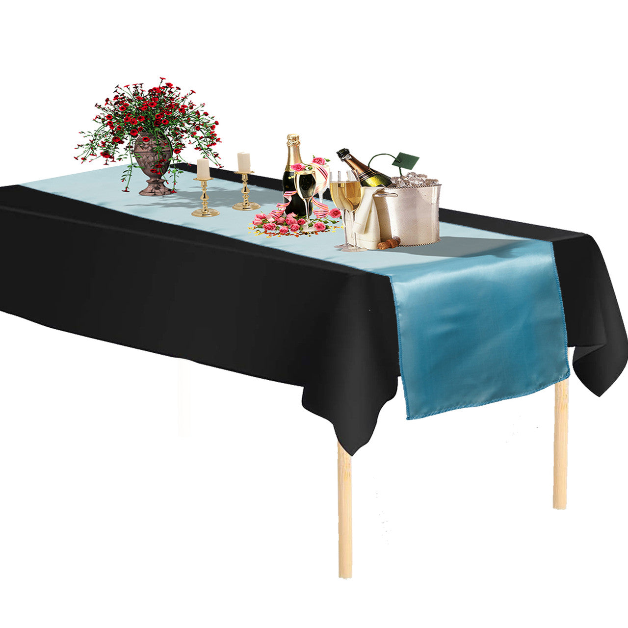 Plastic Table Cloth And Baby Blue Runner Set - 2Pcs