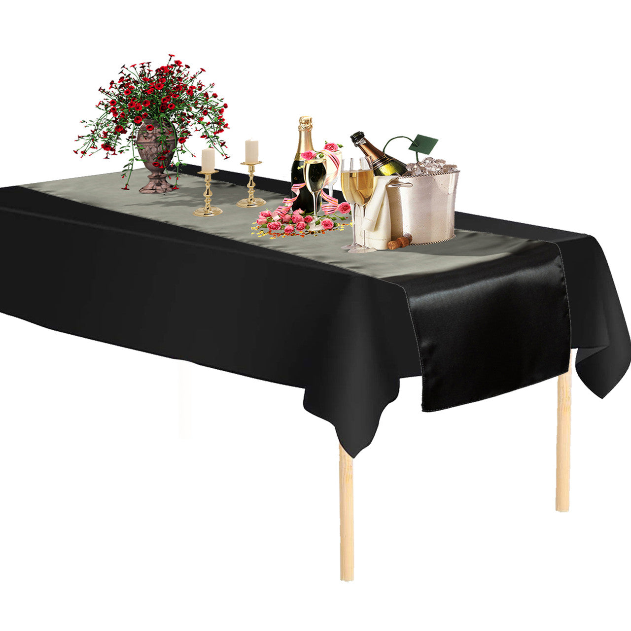 Plastic Table Cloth And Black Satin Runner Set  - 2Pcs