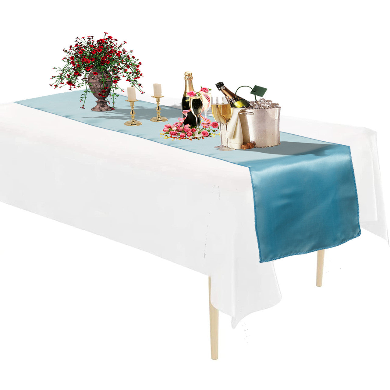 Plastic Tablecloth and Satin Table Runner Set - White &  Baby Blue