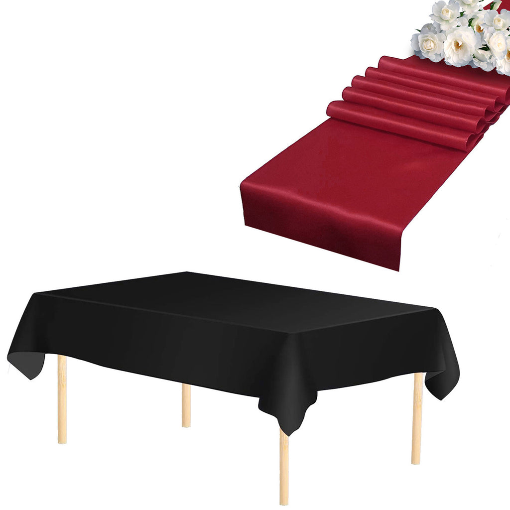 Plastic Table Cloth And Burgundy Runner Set  - 2Pcs