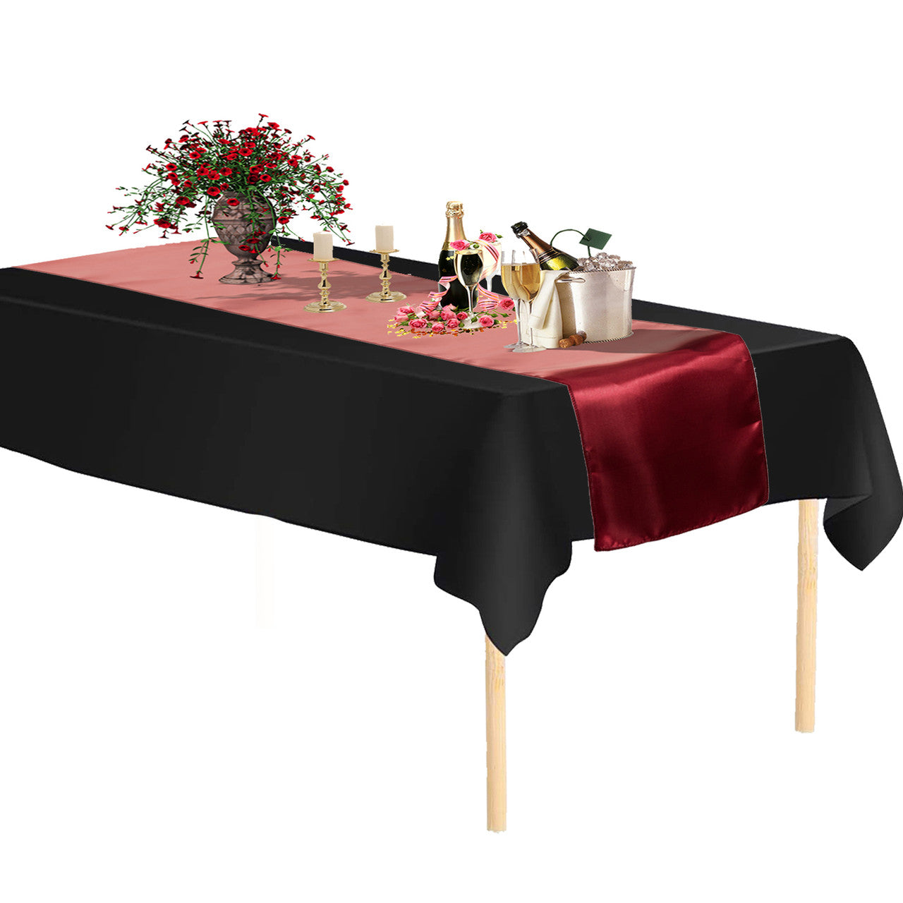 Plastic Table Cloth And Burgundy Runner Set  - 2Pcs