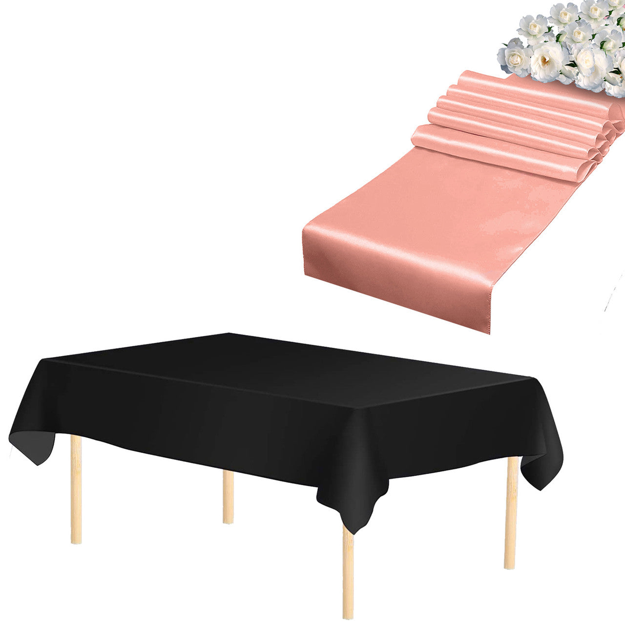 Plastic Table Cloth And Coral Satin Runner Set -  2Pcs