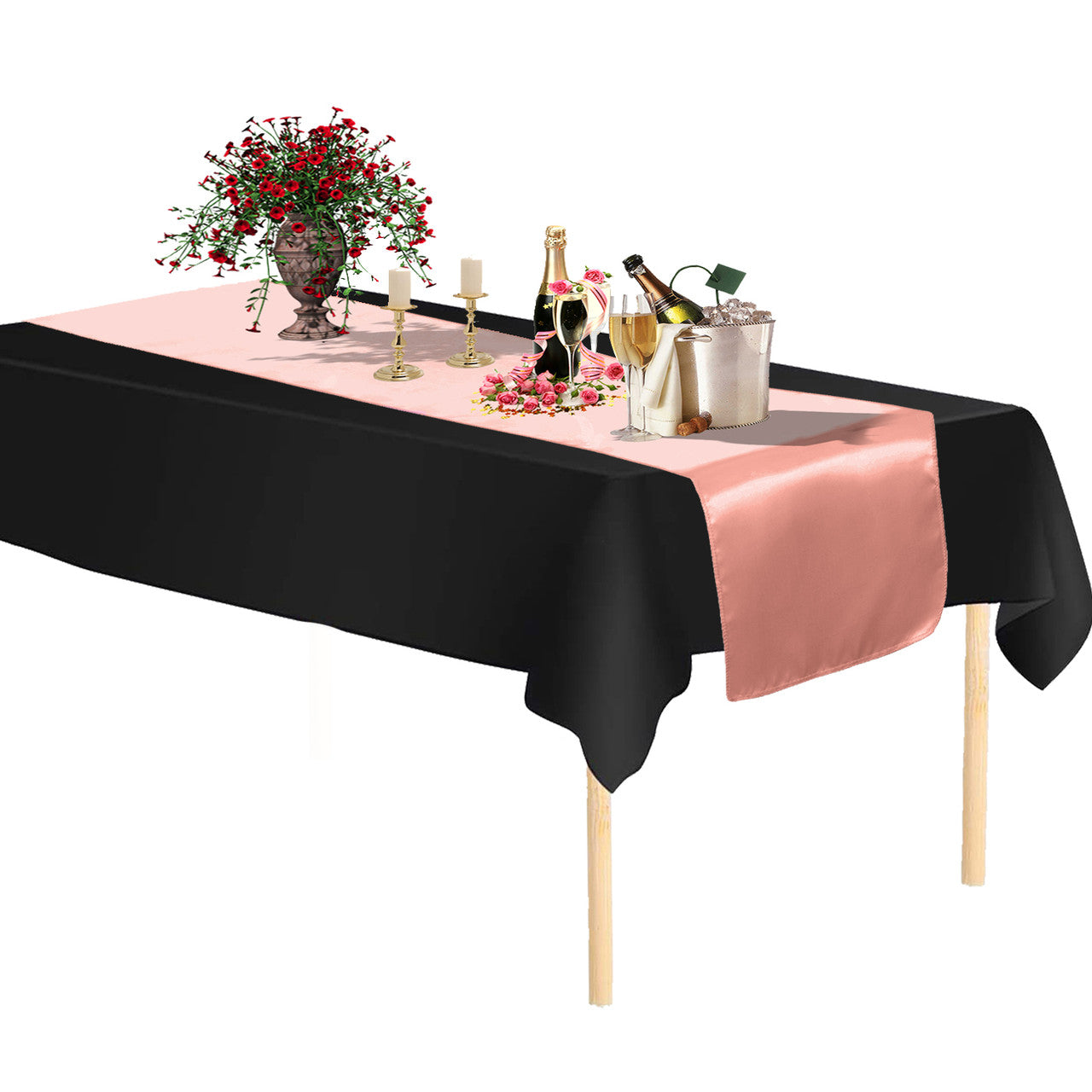 Plastic Table Cloth And Coral Satin Runner Set -  2Pcs