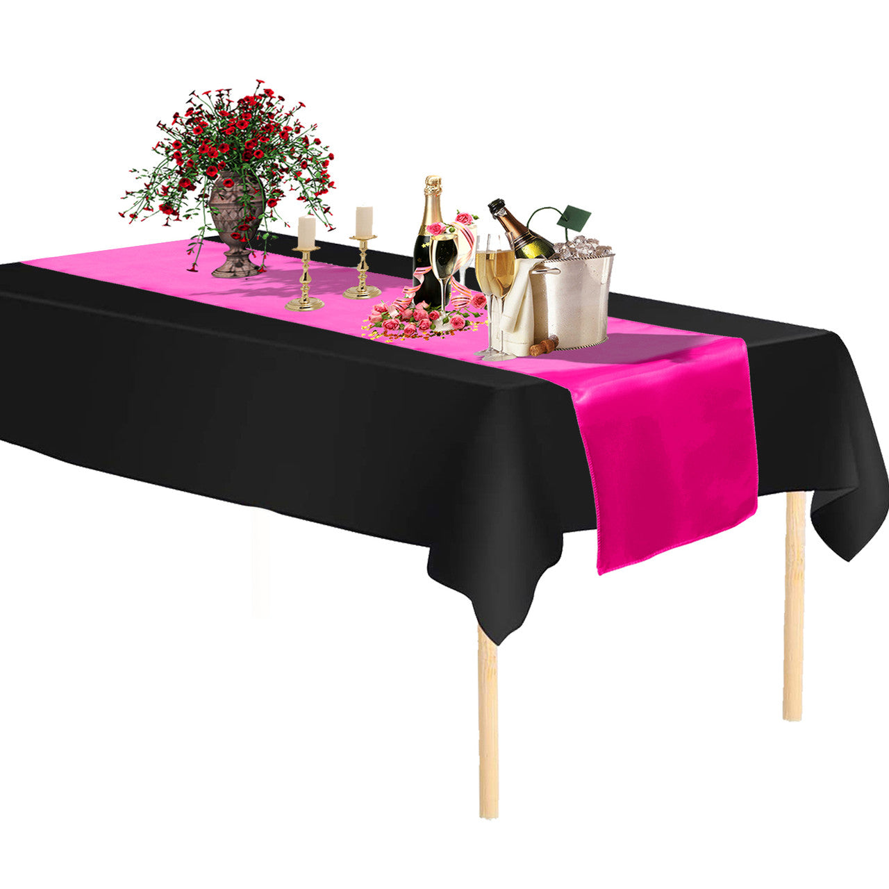 Plastic Table Cloth And Fuchsia Runner Set - 2Pcs