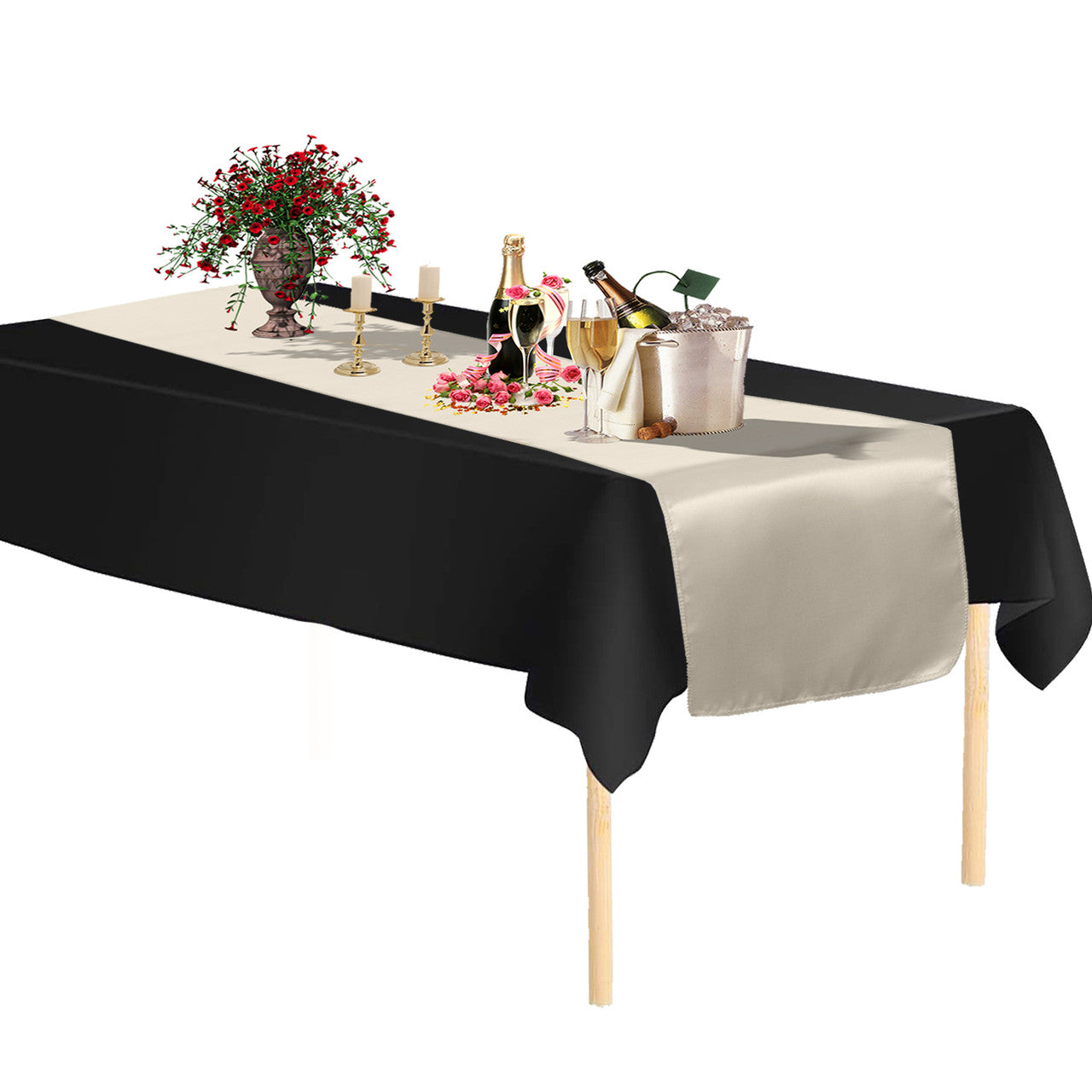 Plastic Table Cloth And Ivory Satin Runner Set - 2Pcs