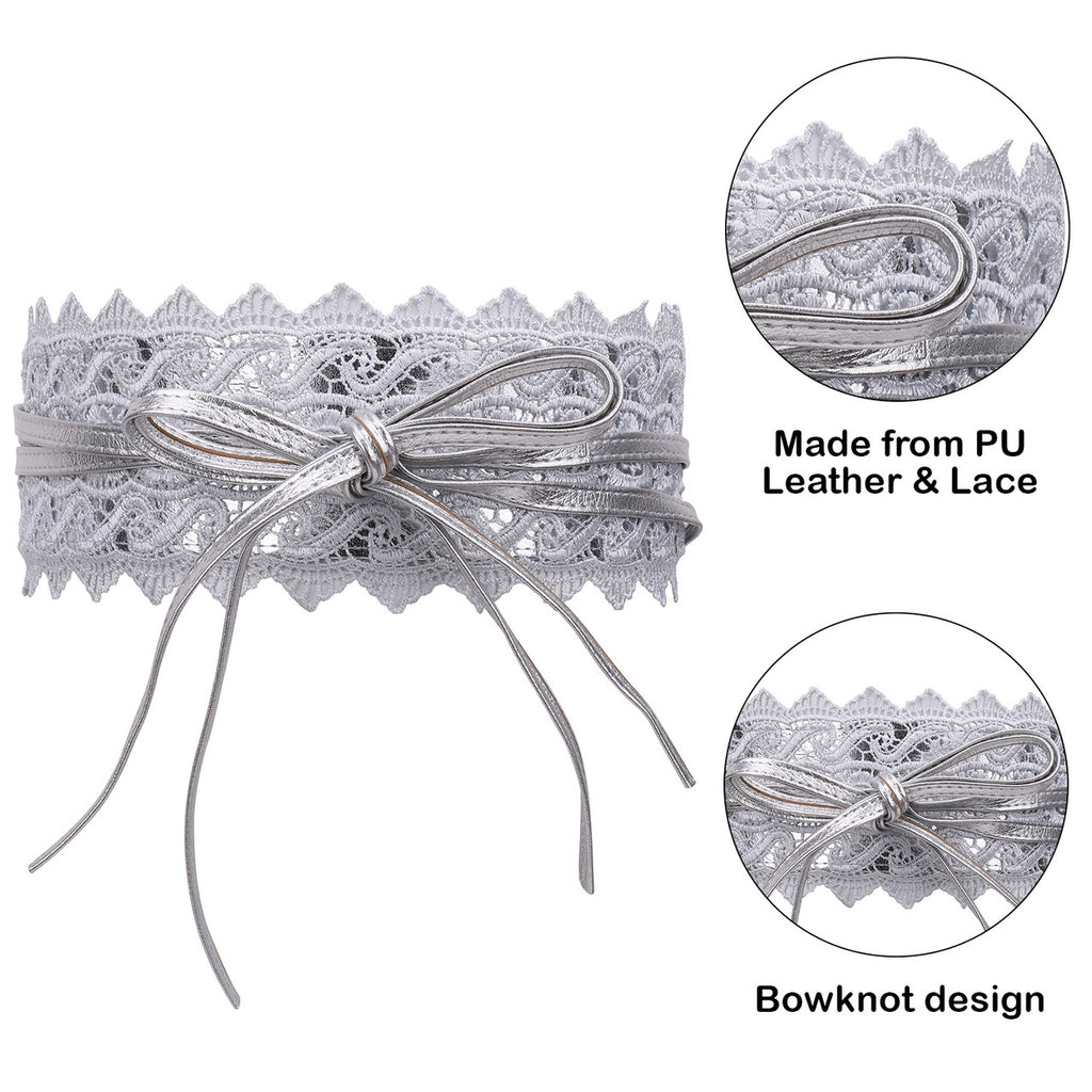 4"/10cm x 250cm Wide Waist Crochet Floral Lace Belt - Silver