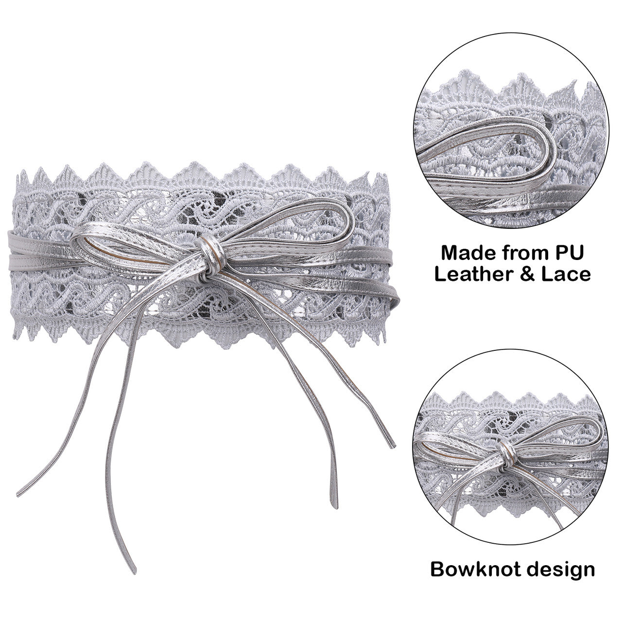 4"/10cm x 250cm Wide Waist Crochet Floral Lace Belt - Silver