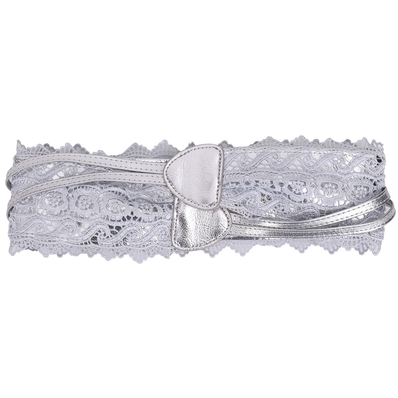 4"/10cm x 250cm Wide Waist Crochet Floral Lace Belt - Silver